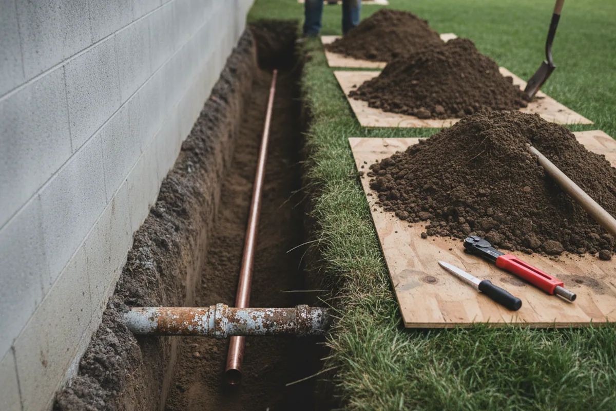 Excavated water line trench during Sewer Line Repair in Chattahoochee